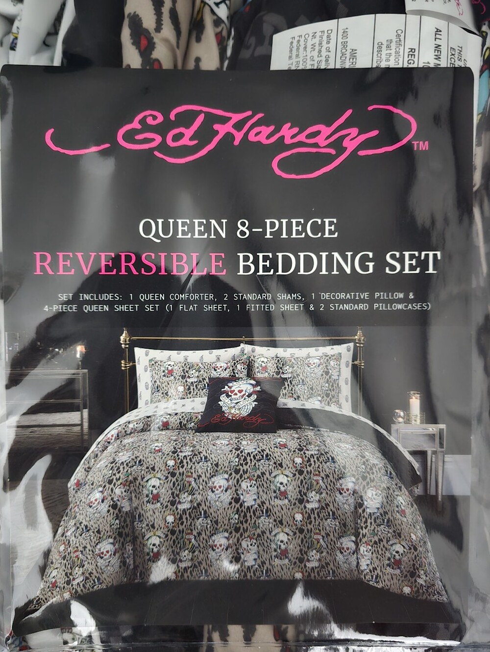 Ed Hardy Queen Leopard  8piece Reversible comforter set New